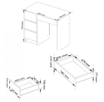 Roysson Home Computertisch Schreibtisch 90cm mit 4 Schubladen Linksseitiger HADES: Weiß