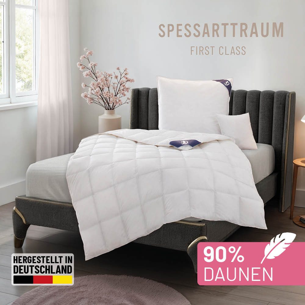 SPESSARTTRAUM Daunenbettdecke First Class, Füllung: 90% Daunen / 10% Federn, Klasse 1, Downpass zertifiziert, Bezug: 100% Baumwolle, Made in Green, Hausstauballergiker geeignet, 5 Wärmeklassen & 6 Größen, Bestseller