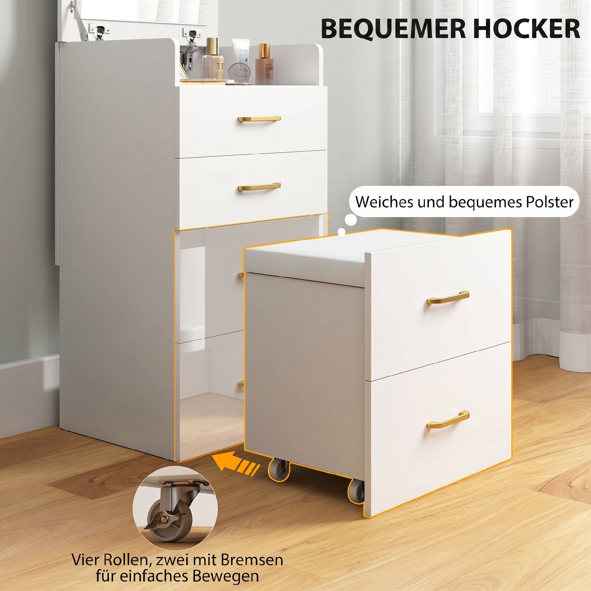 HOMCOM Schminktisch Kosmetiktisch mit Klappspiegel, Frisiertisch mit 3 Schubladen (Kosmetiktisch, 1-St., Frisiertisch), Frisierkommode für Schlafzimmer, Weiß – Bild 5 von 5