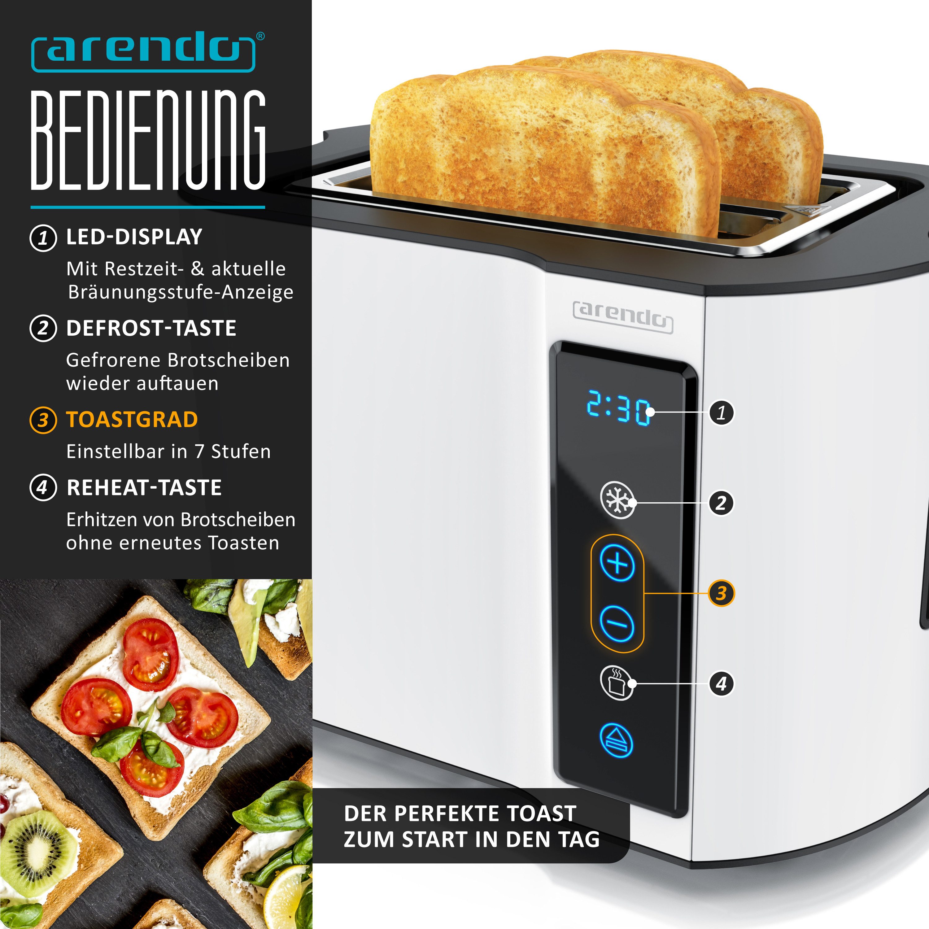 Arendo Frühstücks-Set Edelstahl Wasserkocher 1,5l, 2-Scheiben Kurzschlitz Toaster, weiß (2-tlg), Wasserkocher mit Temperatureinstellung, Toaster Brötchenaufsatz – Bild 5 von 5