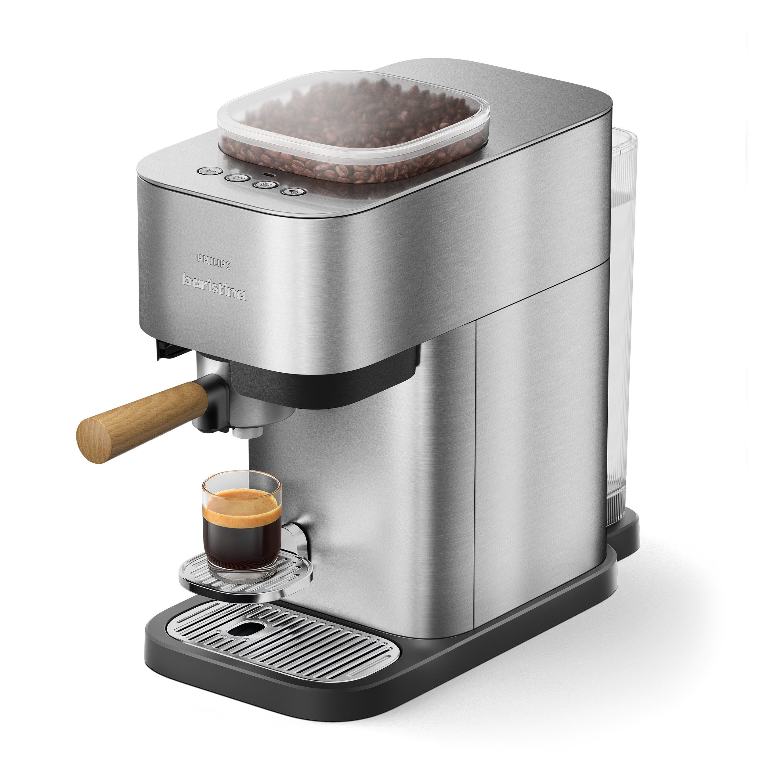 PHILIPS baristina Espressomaschine Plus in Edelstahl BAR500/00 mit Mahlwerk für ganze Bohnen, Iced Coffee Funktion, 16 bar Pumpendruck, Edelstahl/Eschenholz