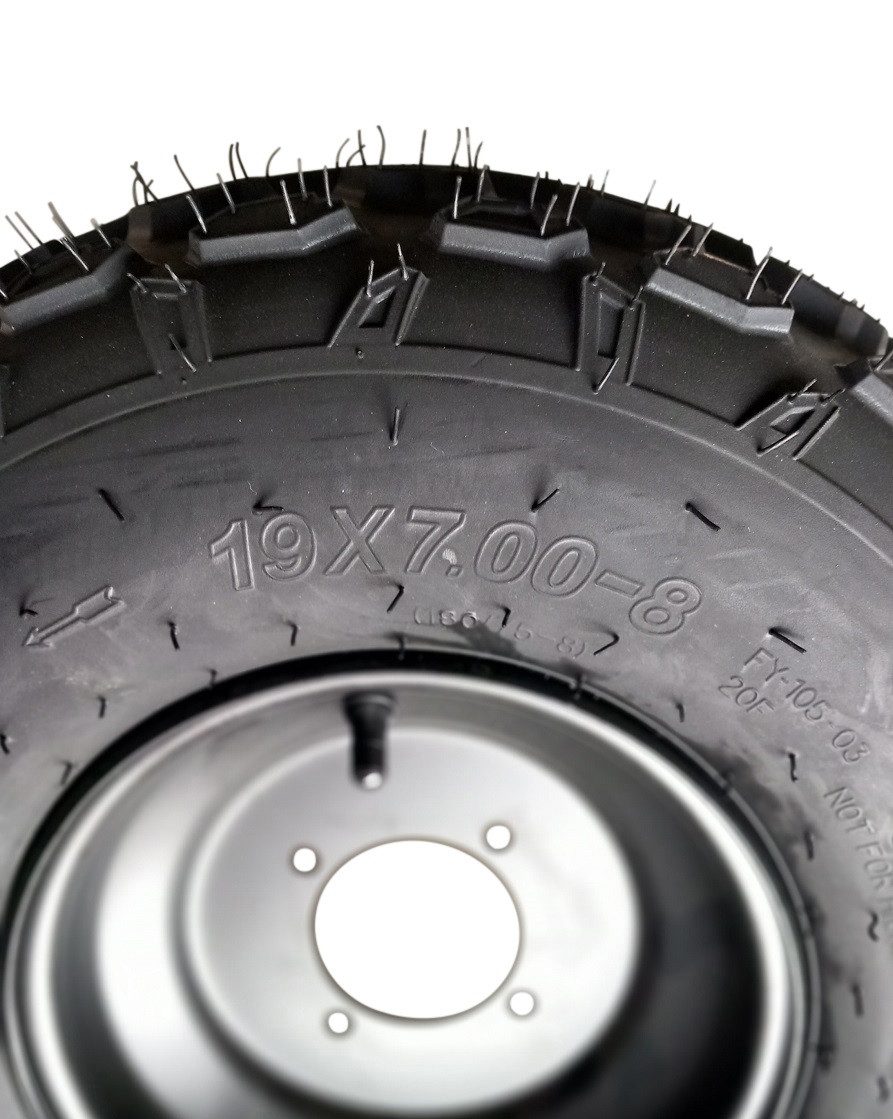 FunSport-Factory Kinderfahrzeug-Räder Komplettrad Quadreifen 19x7-8 Reifen 4-Loch Felge Schwarz links, Noppen-Profil, hoher Grip, für Quads, robust & langlebig