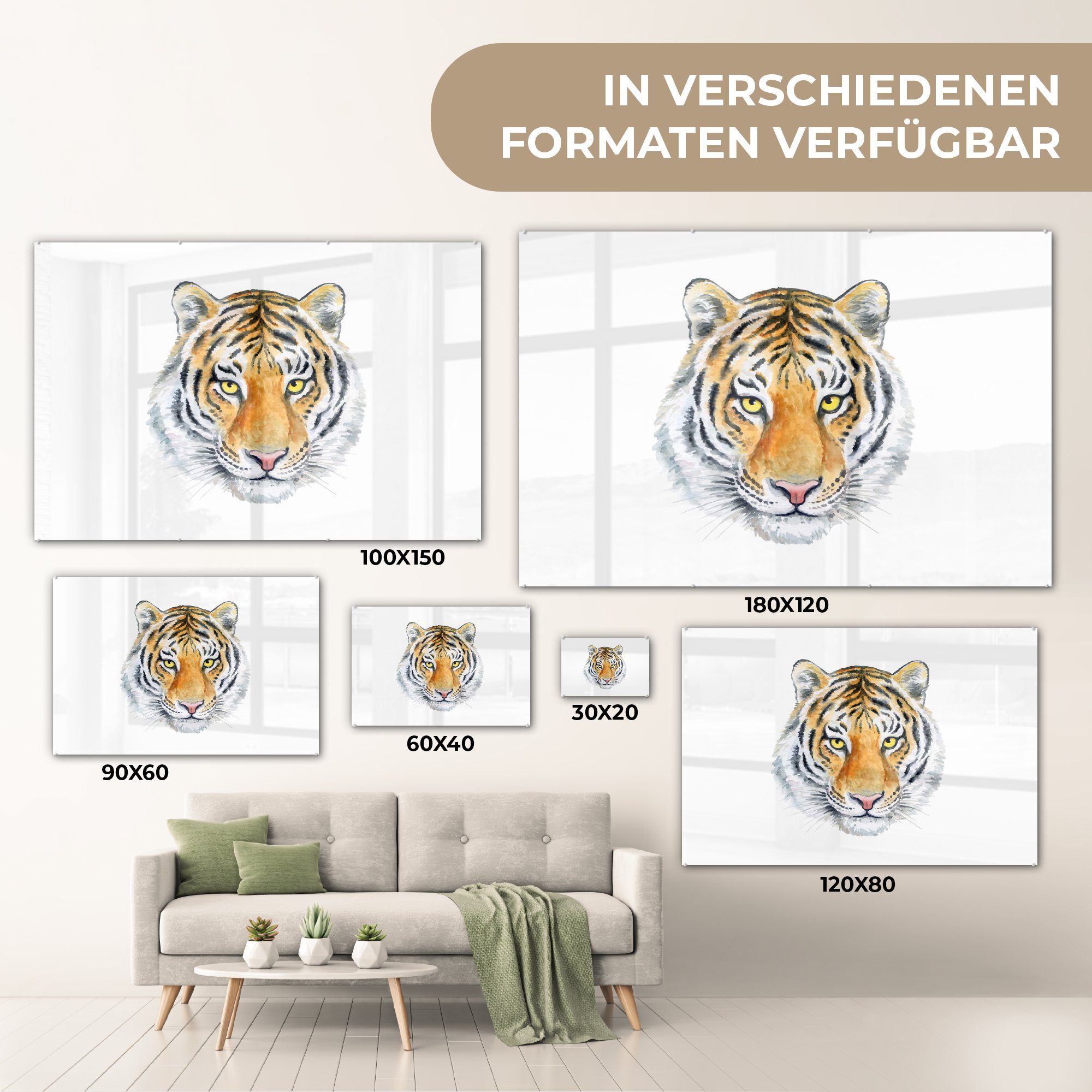 MuchoWow Acrylglasbild Tiger Wohnzimmer - & Kopf St), Gelb, Acrylglasbilder (1 - Schlafzimmer