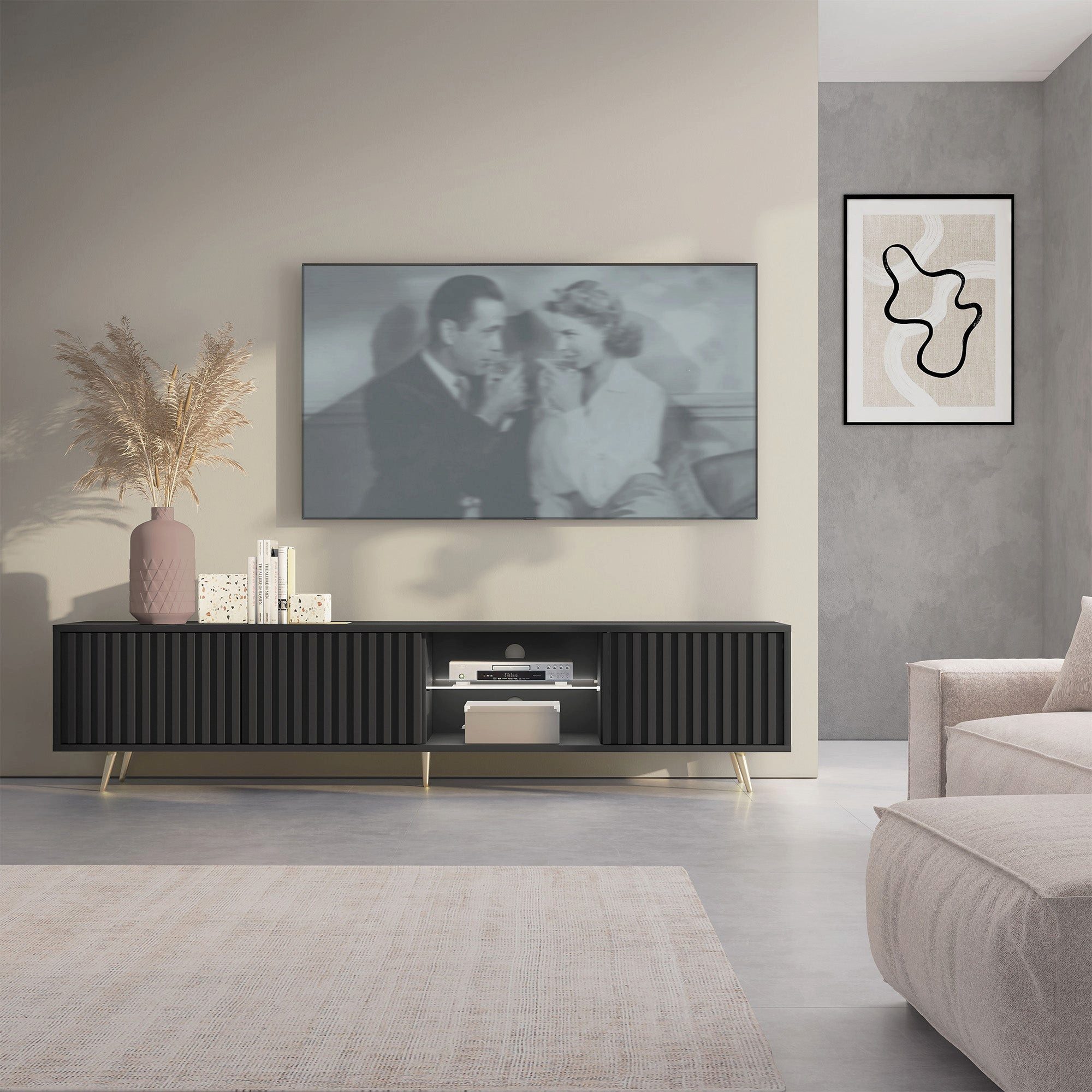 Selsey TV-Schrank BELLO mit goldenen Füßen, Lamellenfronten und LED, 175 cm