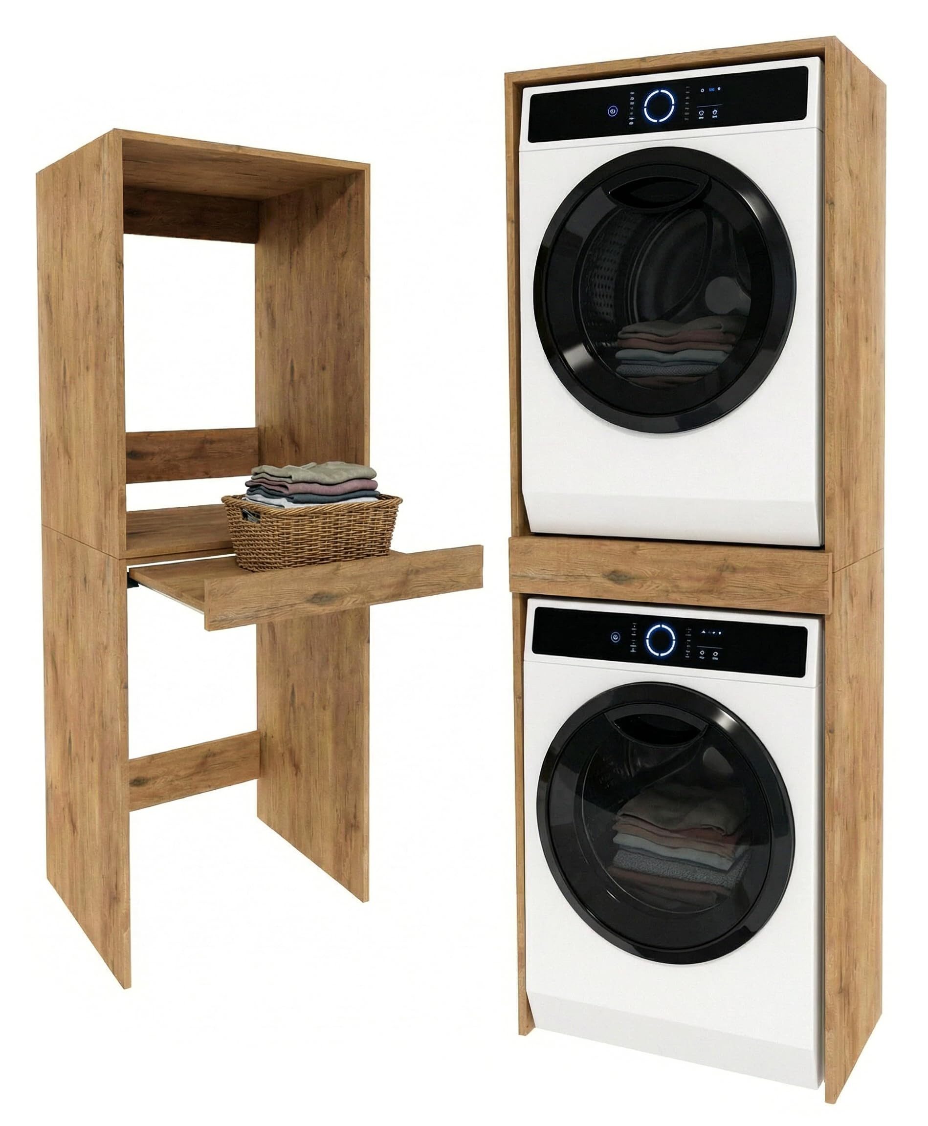 TREND WERK Waschmaschinenumbauschrank 66×64×184 cm - für Waschmaschine & Trockner übereinander (Waschraum Möbel Schrank für Waschküche mit Stauraum) Waschturm für Waschmaschine & Trockner mit Ausziehbrett & Hochschrank