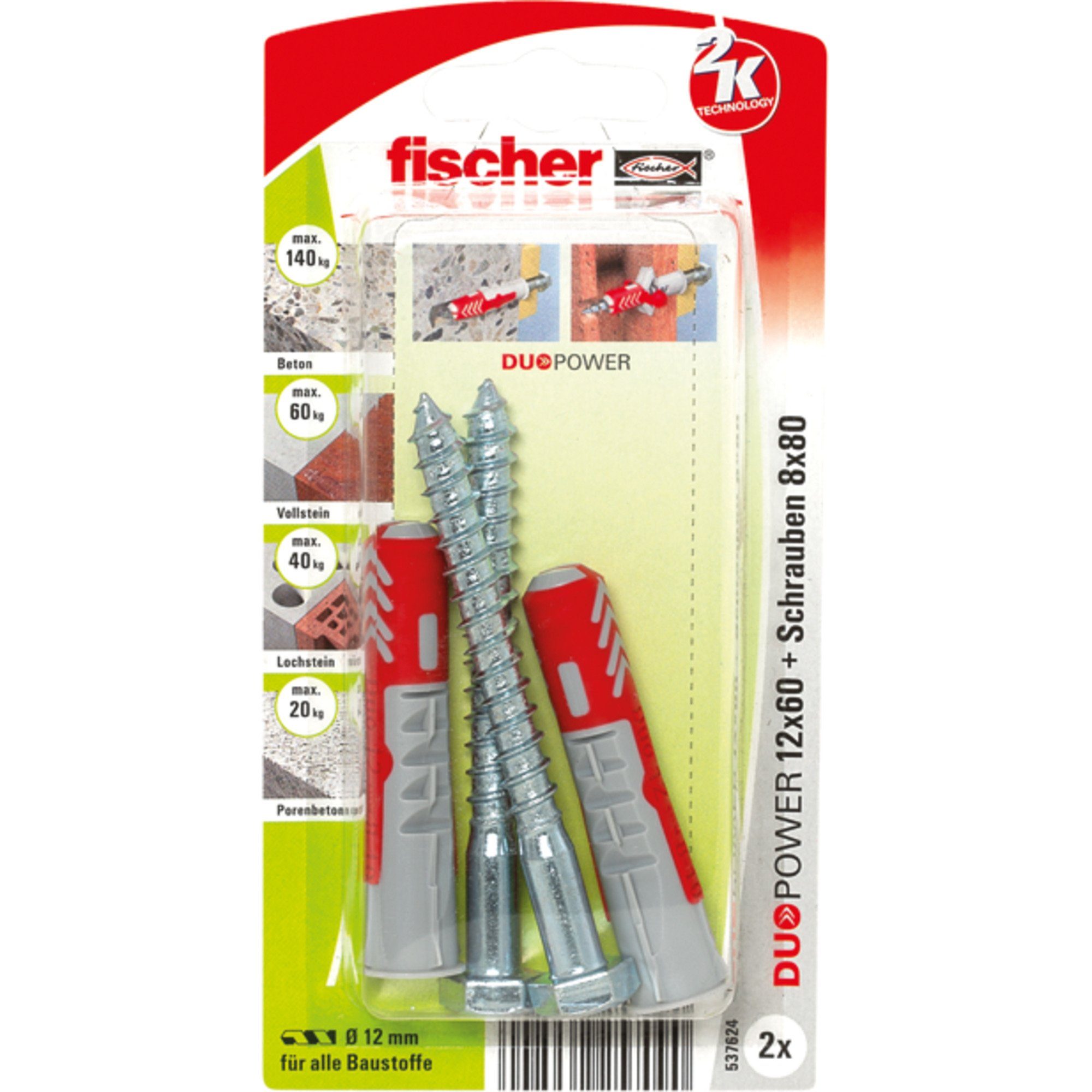 Fischer Universaldübel fischer Дюбель DUOPOWER 12x60 S K, (2 Stück, mit