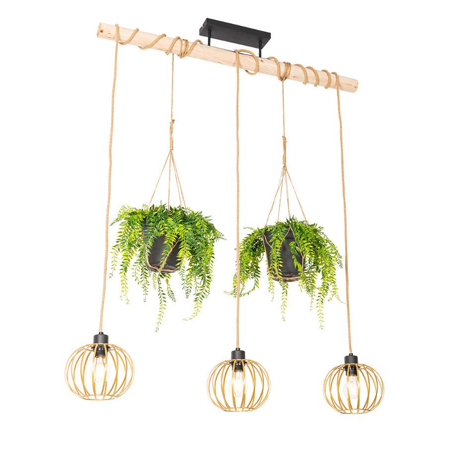 Qazqa Pendelleuchte Yura, ohne Leuchtmittel, E27, Schwarz, Landhaus, Holz, 3-flammig