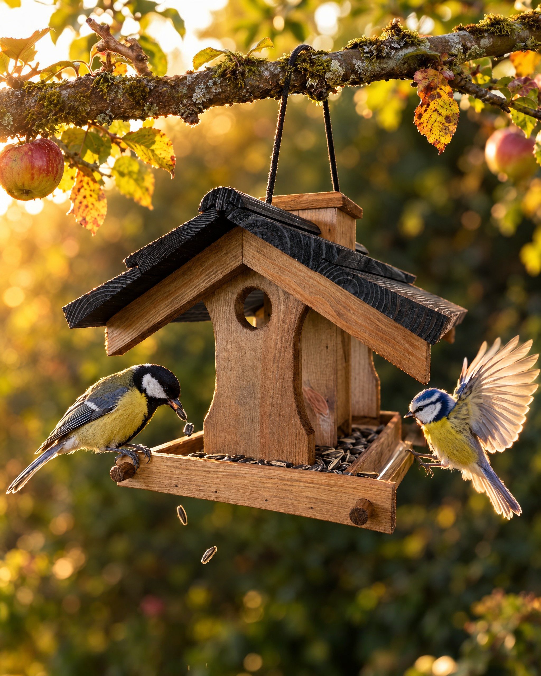 Zooprinz Futterhaus Pico für Wildvögel zum Aufhängen, Massivholz Kiefer, Satteldach, lasiert, mit Futterschale und 2 Sitzstangen