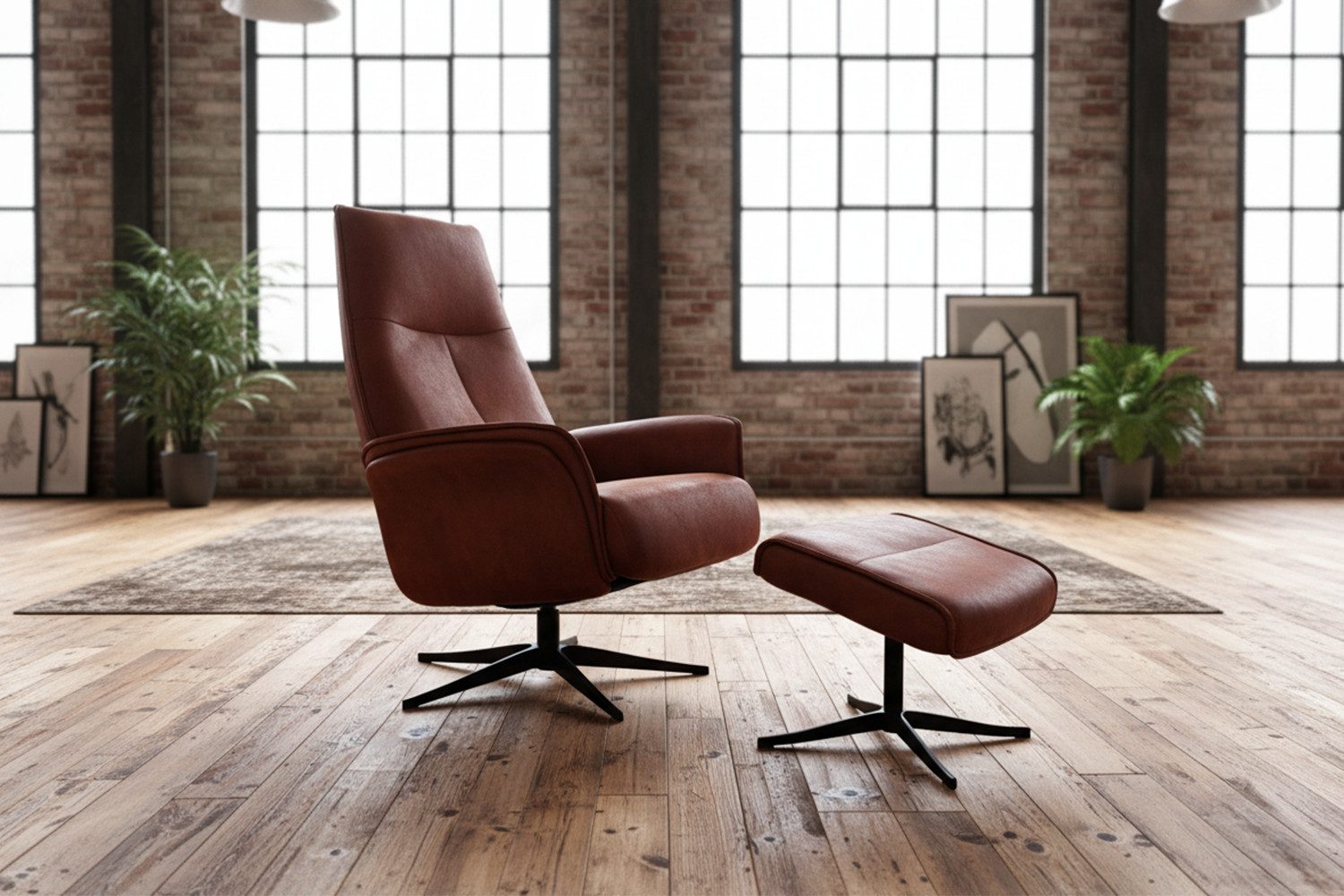 KAWOLA Relaxsessel JOSIANE Lederfaserstoff cognac Komfort Drehsessel, 360° drehbar, Relaxfunktion, Kopfstütze, inklusive Fußhocker