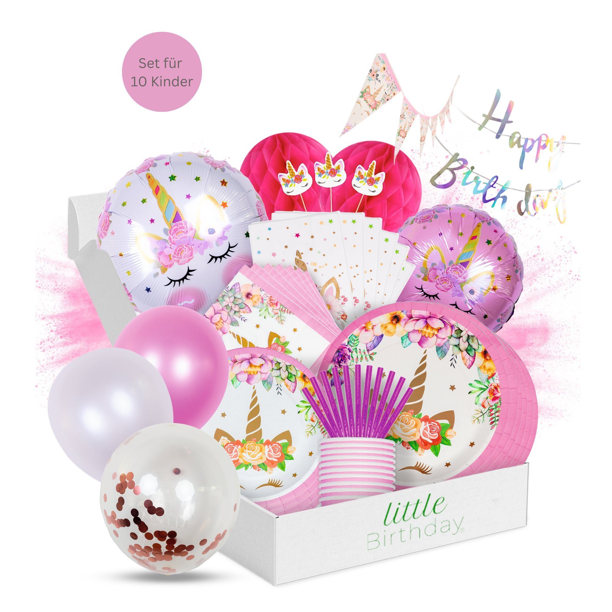 little Birthday Papierdekoration Einhorn Party Set für Geburtstag, Partygeschirr, Надувные шарики, ALLES, für 10 Kinder, 138 Teile aus einem Set