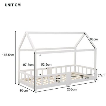 Fangqi Kinderbett Hausbett 90 x 200 cm, Holzbett für Kinderzimmer, inkl. Tafel, Lattenrosten, Rausfallschutz, aus Kiefernholz