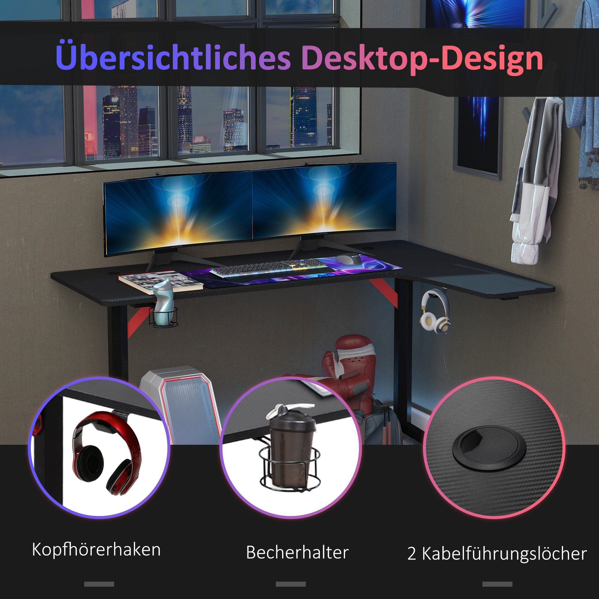 Schwarz (Set, Computertisch mit 1-St., Schreibtisch Getränkehalterung, HOMCOM Kopfhörerhaken Arbeitstisch),