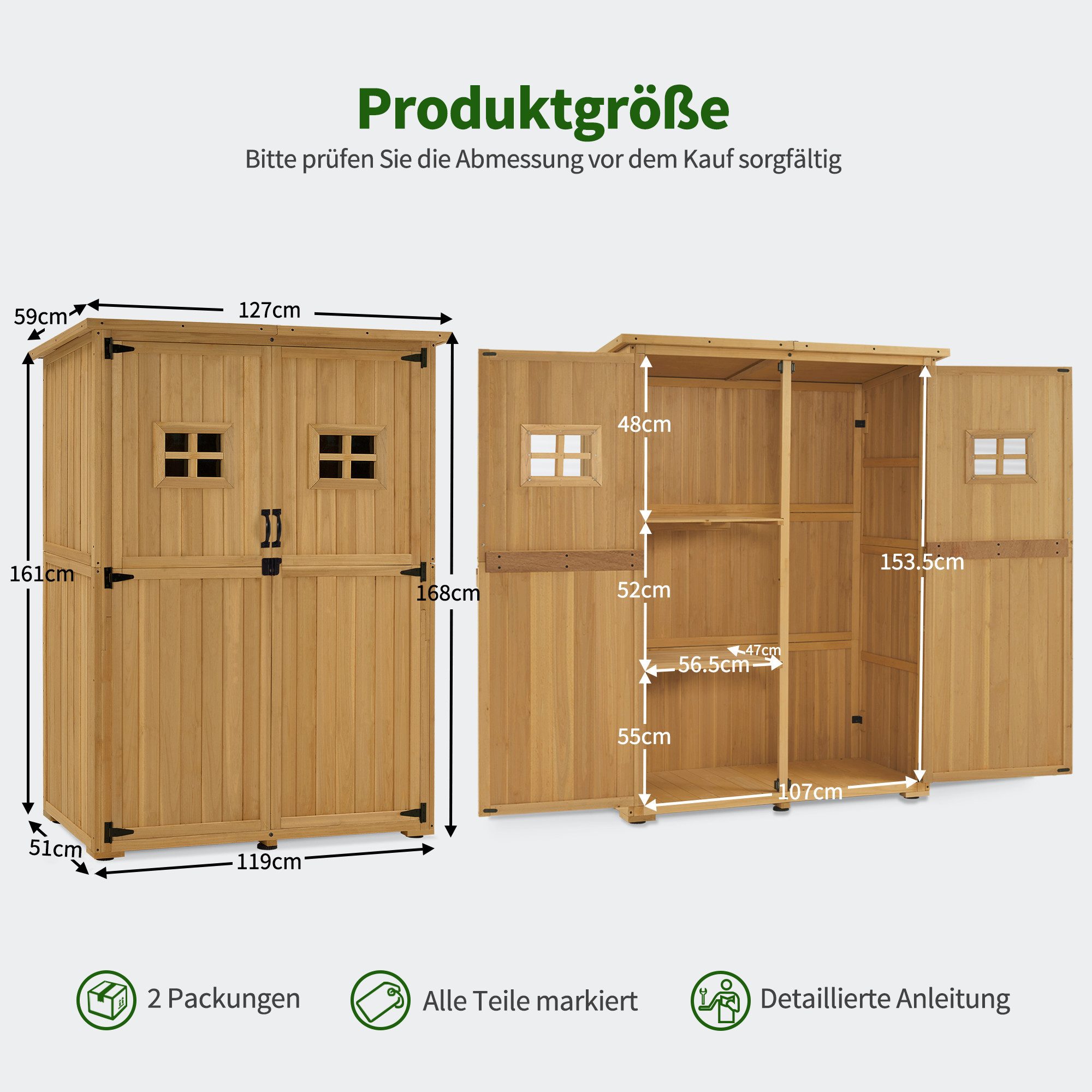 MCombo Gerätehaus M MCombo Gartenschrank Gartenhaus Holz 0912, 127×59×168 cm, Gartenhaus Klein Wetterfest, Outdoor