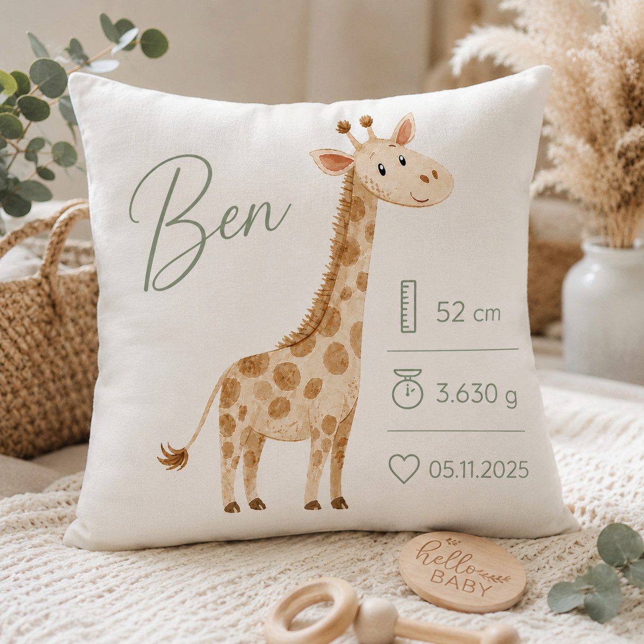 dubistda-WINDELTORTEN- Neugeborenen-Geschenkset Personalisiertes Baby-Dekokissen Giraffe