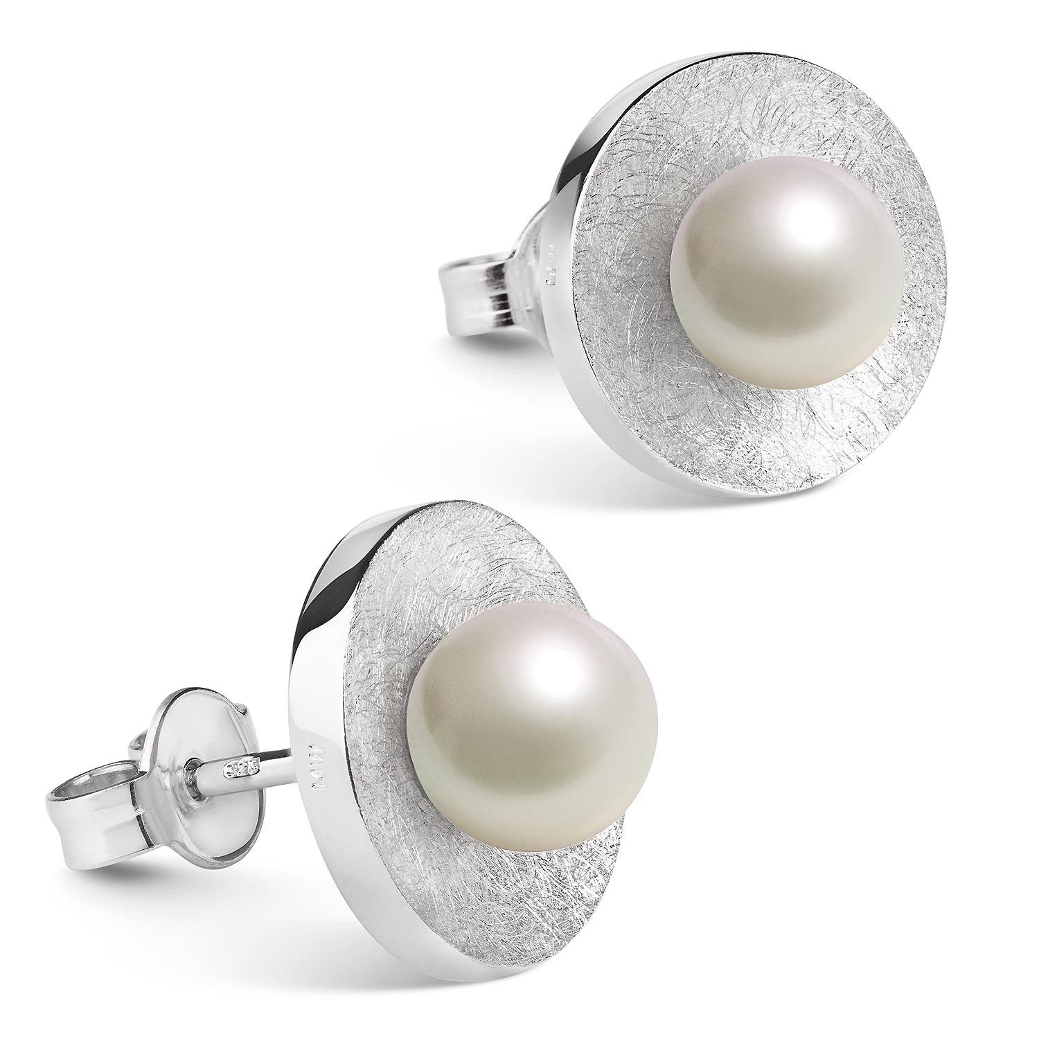 Materia Perlenohrringe Damen Muschelkernperle Weiß Ø11mm SO-156, 925 Sterling Silber, rhodiniert, gebürstet
