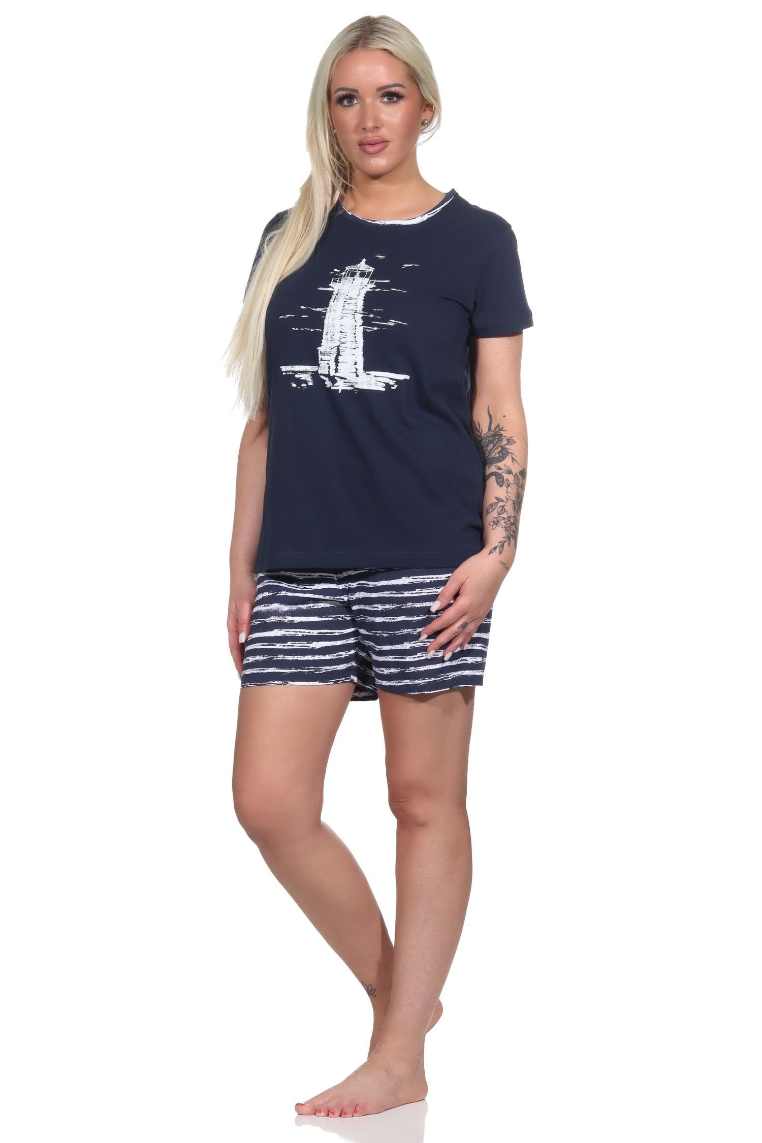 navy mit maritim Normann Pyjama kurzarm Pyjama Damen Shorty Leuchtturm-Motiv