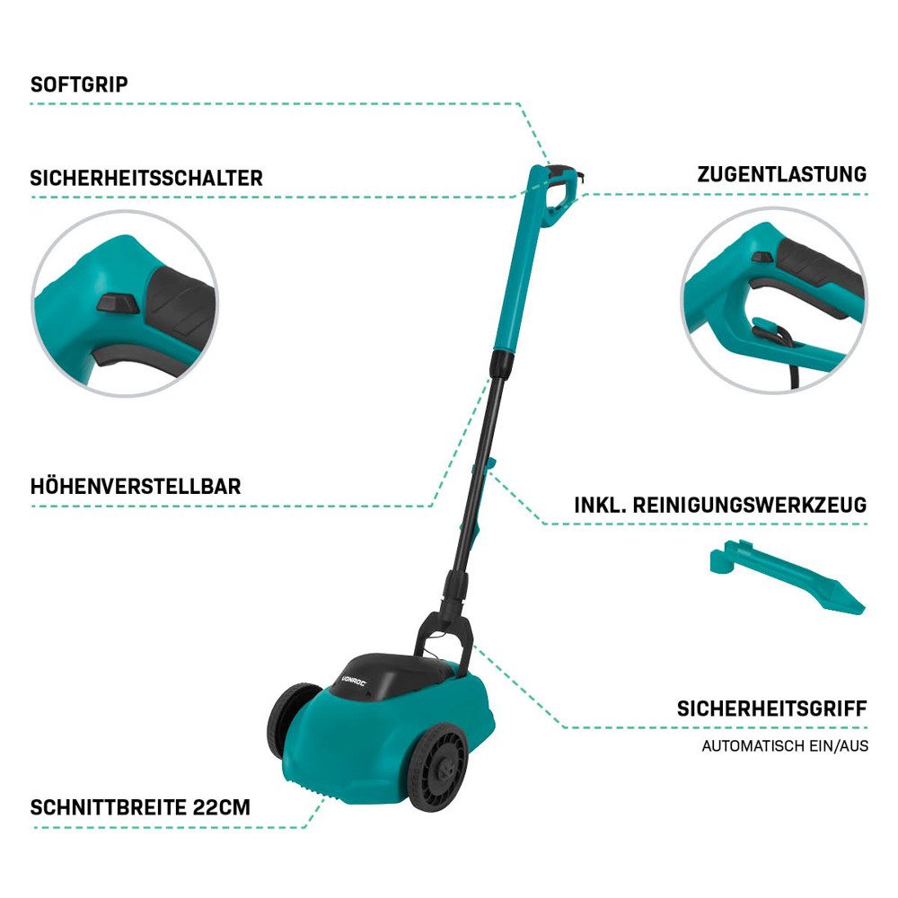 VONROC Elektrorasenmäher Mini mit Mäh- und Mulchfunktion 350W, 22 cm Schnittbreite, (mit Reinigungsset, inkl. Reinigungsset), 3 einstellbare Schnitthöhen – Inkl. Reinigungstool