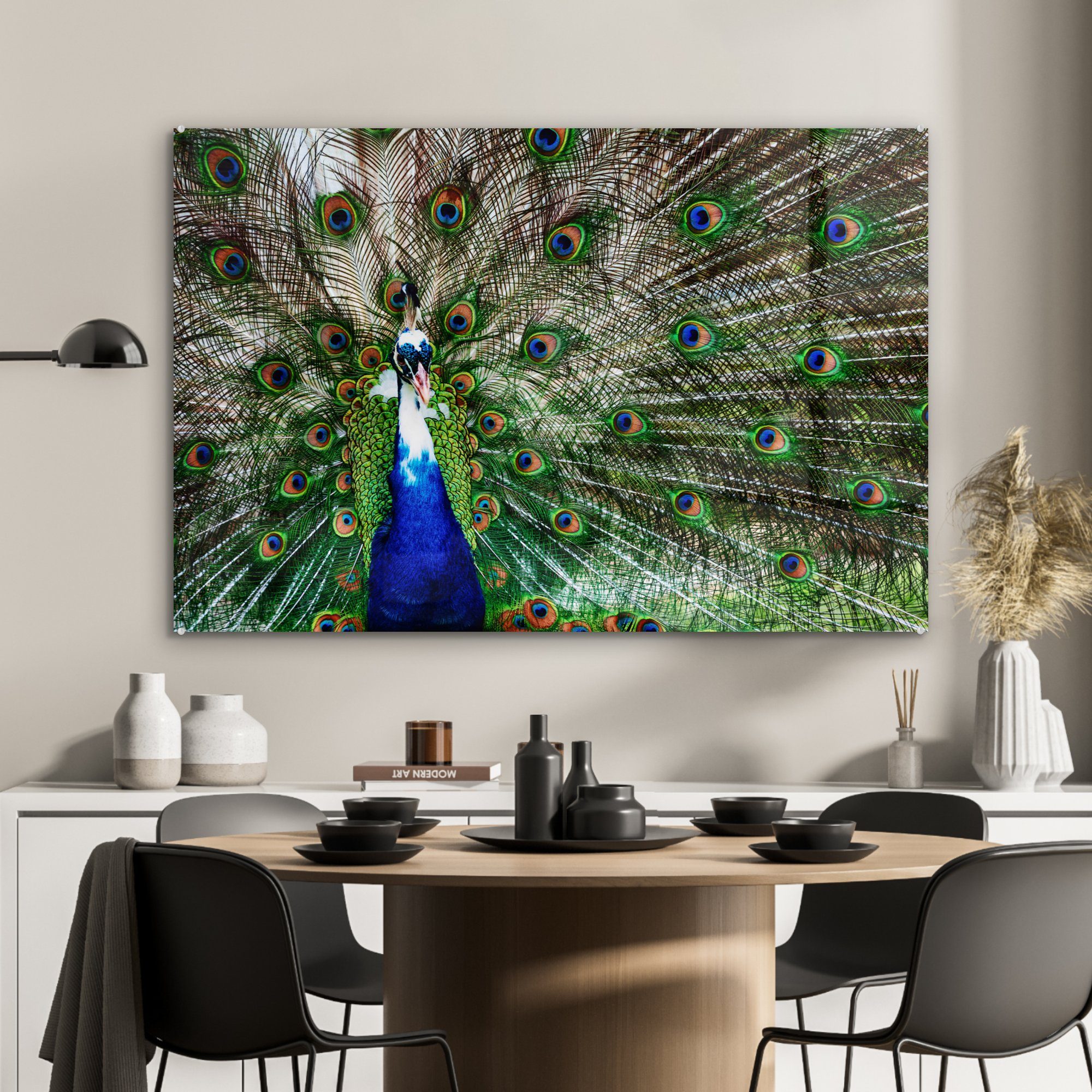 Wohnzimmer Federn - Acrylglasbilder - Blau, Pfau Weiß St), Acrylglasbild MuchoWow (1 & Schlafzimmer -