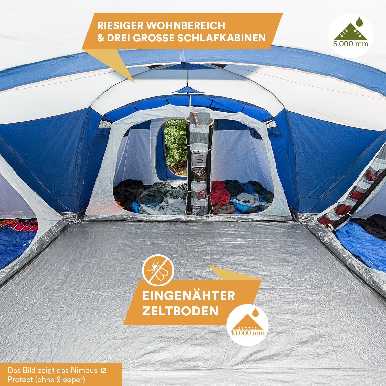 Skandika Gruppenzelt Nimbus 12 Sleeper Protect, Familienzelt mit eingenähtem Zeltboden, Personen: 12, 3 Schwarze Schlafkabinen, wasserdicht, 5000mm Wassersäule, Campingzelt