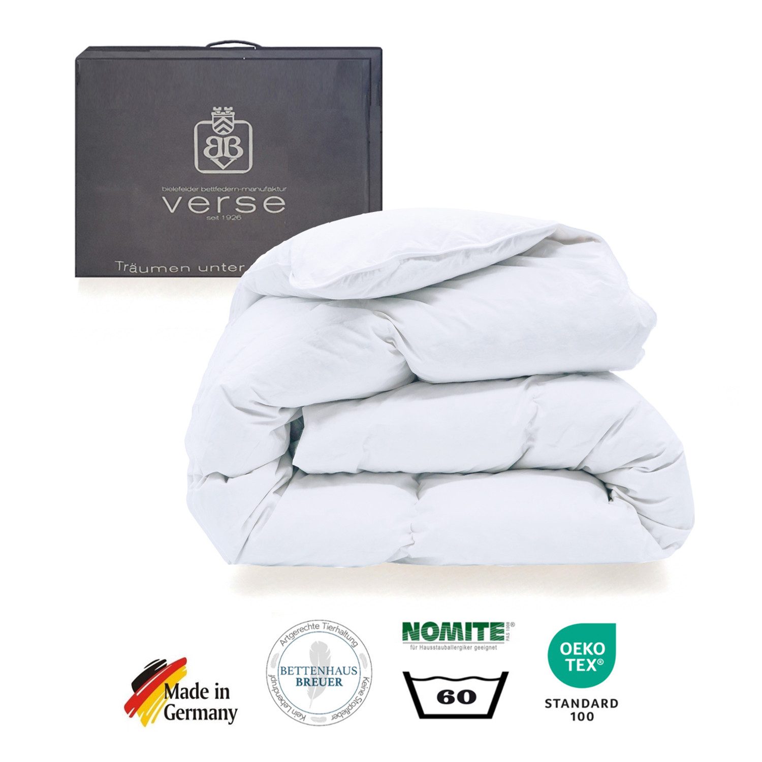 Bielefelder Bettfedern-Manufaktur Verse GmbH Daunenbettdecke Extra warme Ammerland Gänsedaunen Bettdecke Daunendecke 135x200 1080g, Füllung: 90% neue weiße Gänsedaunen Klasse1, 10% neue weiße Gänsefederchen Klasse1, Bezug: 100% Baumwolle