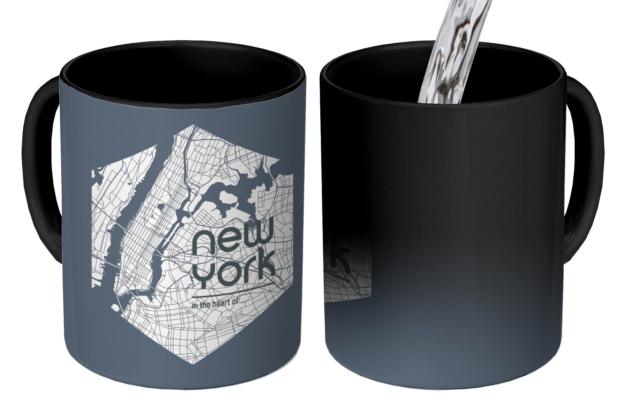 MuchoWow Tasse New York - Karte - Blau, Keramik, Farbwechsel, Kaffeetassen, Teetasse, Zaubertasse, Geschenk