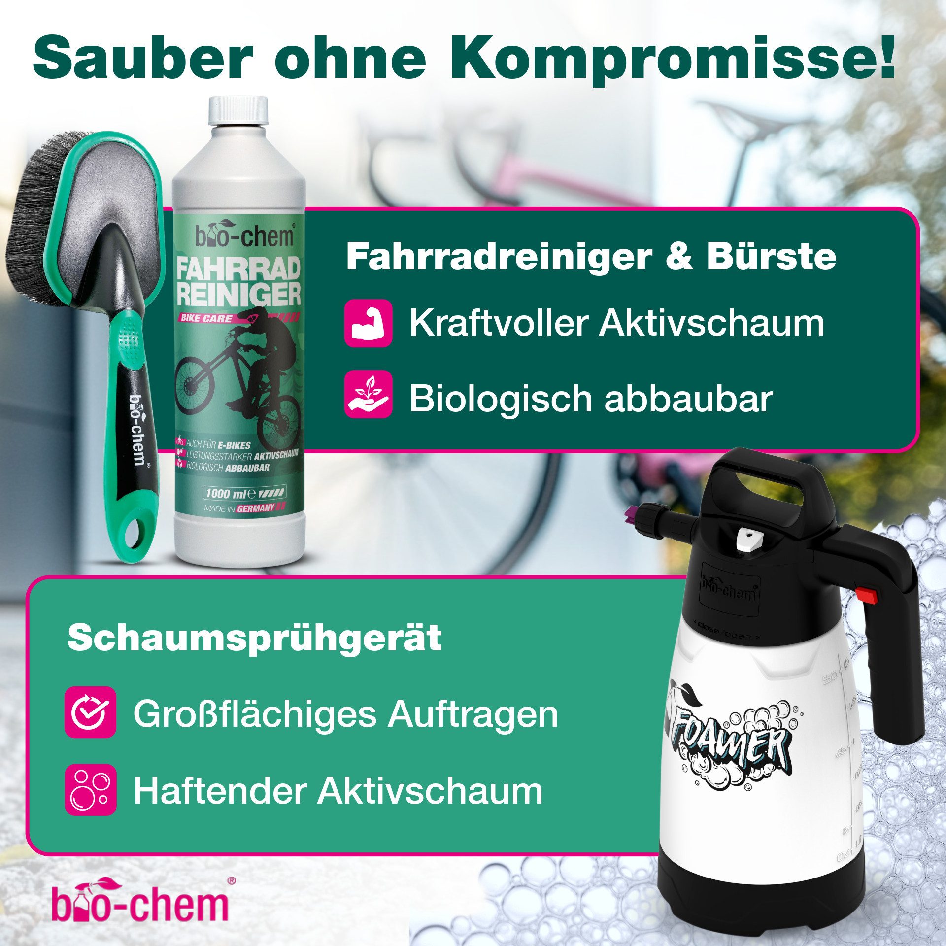 bio-chem Fahrrad Reinigungsset – 10-teilig - Reinigung und Pflege Zweiradreiniger (Sparpaket, [10-St. Fahrradpflege PREMIUM-SET 10-teilig inkusive Schaumsprüher 10-teiliges Reinigungsset für Fahrrad & E-Bike)