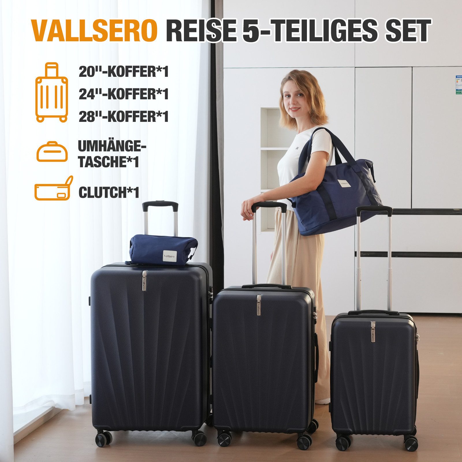 VALLSERO Trolleyset M-L-XL-Set, Gepäck mit Kosmetiktasche, Hartschalen-Koffer, 5-teiliges Set, hochfestes ABS-Gehäuse, 360° geräuschloses Rad