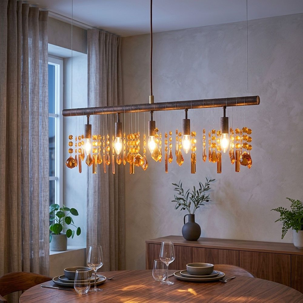 WOFI LED-Hängeleuchte, Leuchtmittel nicht inklusive, Hänge Leuchte Kristall Decken Lampe Bernstein Pendel Ess Zimmer
