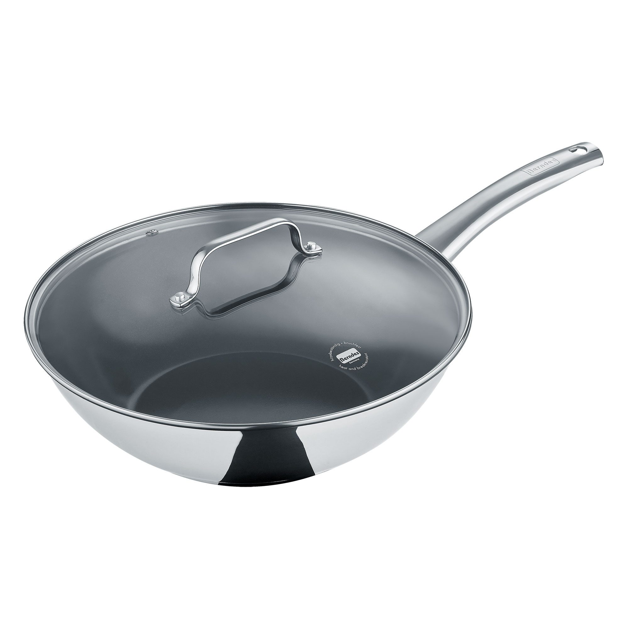 Berndes Wok Wokpfanne 30 cm aus Edelstahl mit Glasdeckel, Edelstahl