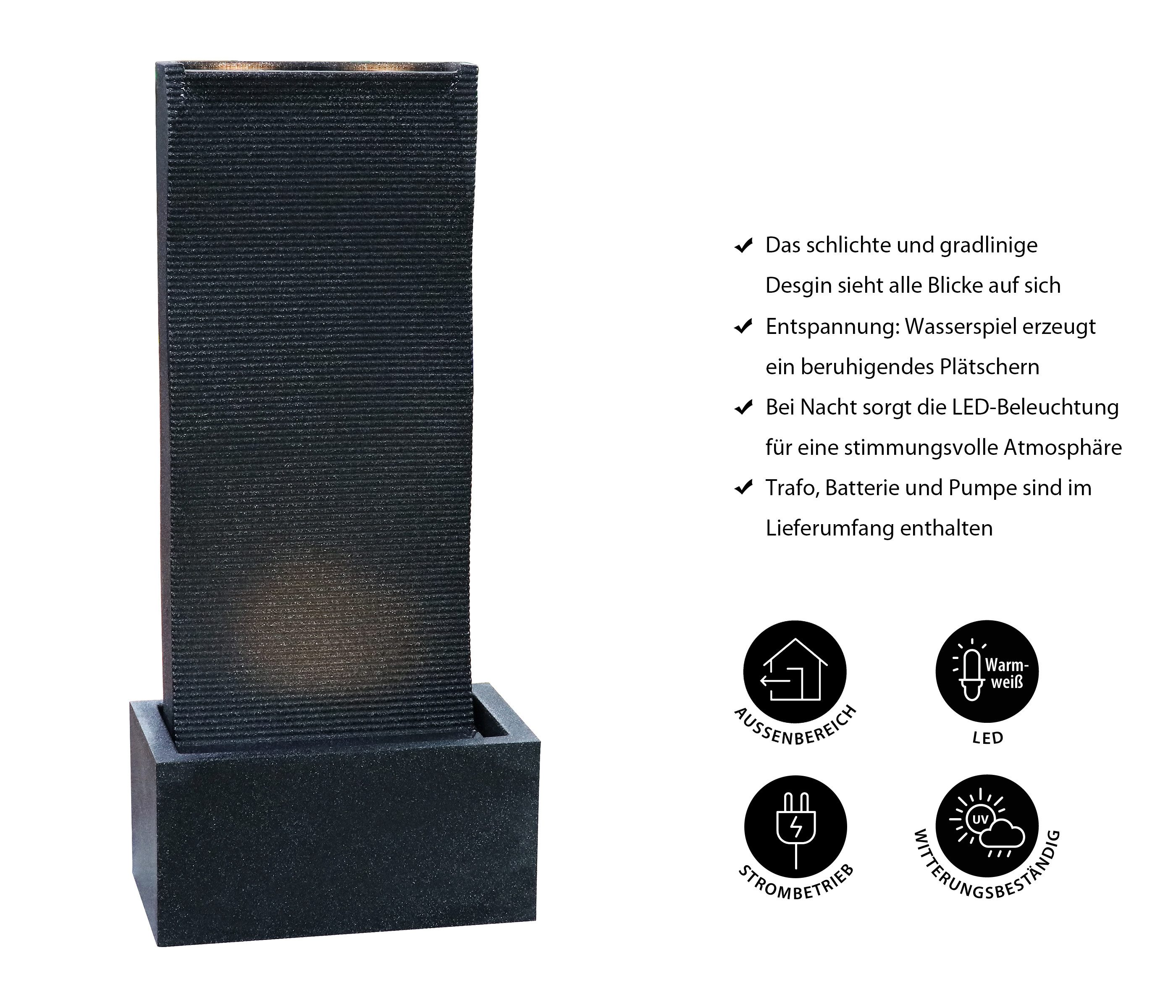 Dehner Gartenbrunnen Altero, mit LED Beleuchtung, 49 x 107 x 26.5 cm, Polyethylen, schwarz, 49 cm Breite, frostbeständig, solarfähiges Wasserspiel, inkl. Pumpe / Trafo