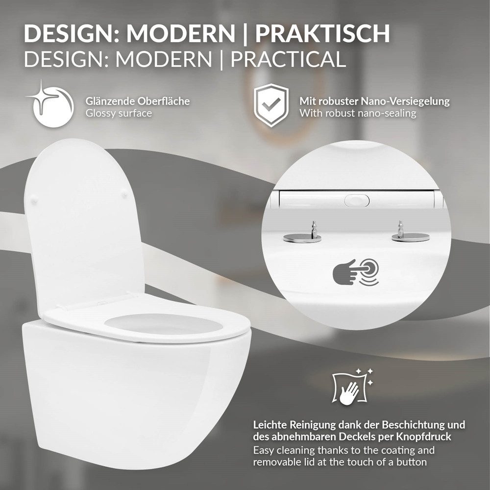 LuxeBath Tiefspül-WC Spülrandloses Hänge WC aus Keramik, mit WC-Sitz Absenkautomatik, Toilette kurz ohne Spülrand mit Nano Beschichtung Tornadospülung
