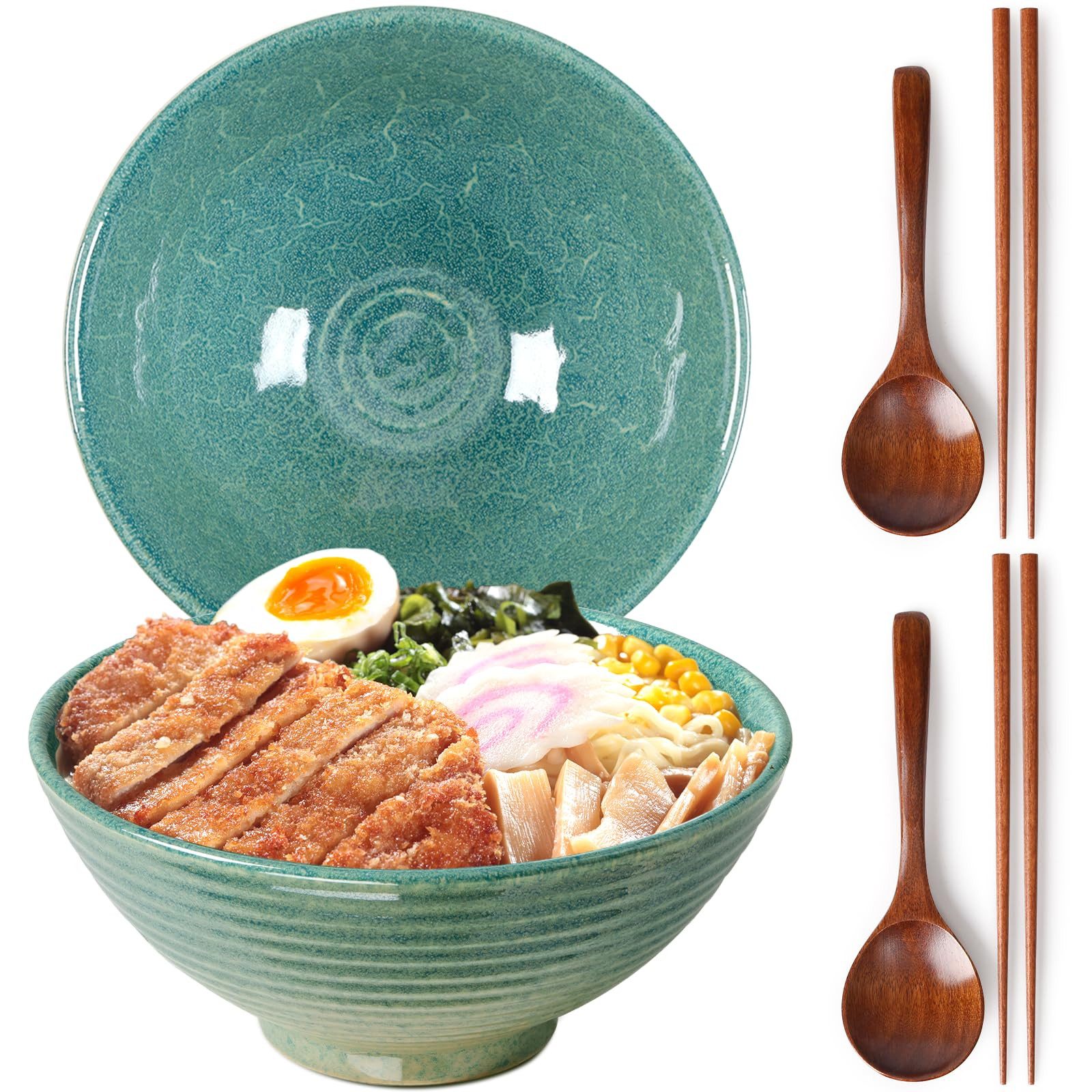 FOUORTUNATE-BEE Schüssel 2er Set Japanische Ramenschüssel Suppenschüssel aus Keramik, (1200 ml, mit Essstäbchen und Löffeln, große Suppenschüsseln 20 cm, 2-tlg)