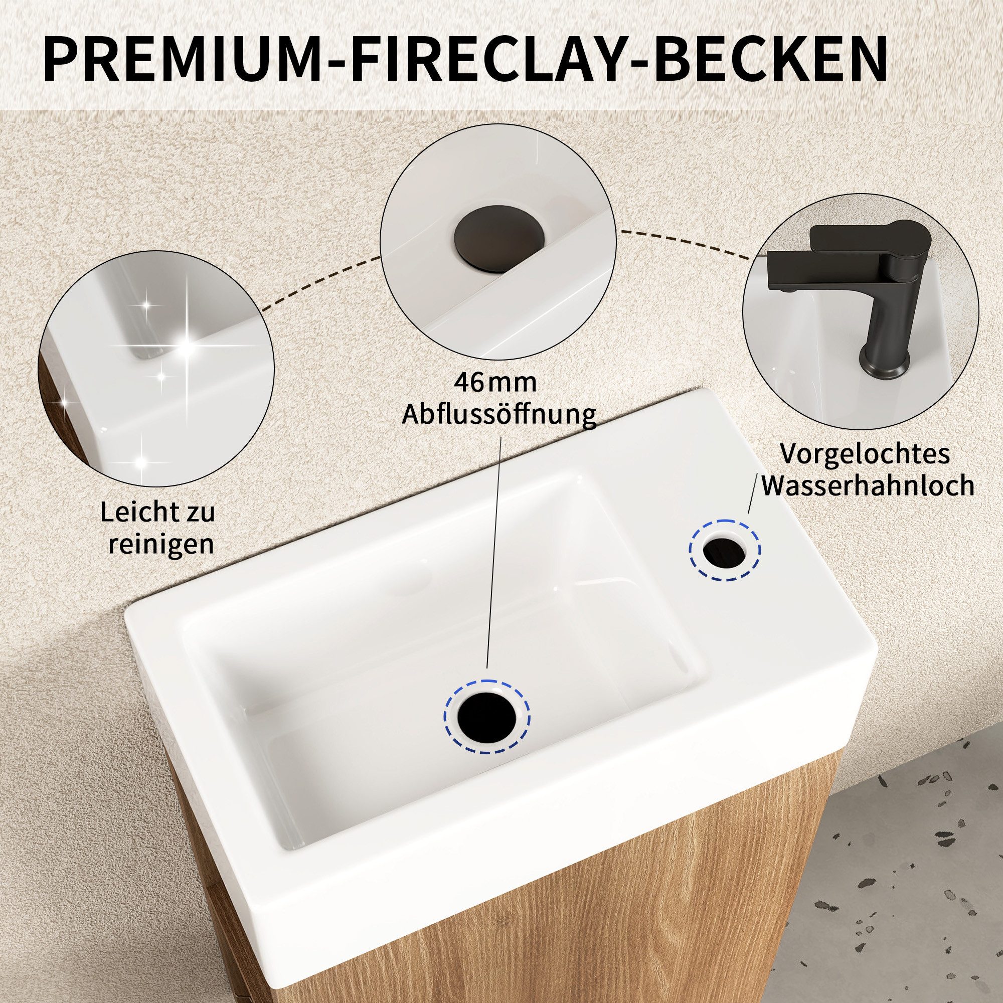 DeerValley Badmöbel-Set Waschbecken Mit Unterschrank Hängend Badmöbel set 41.5x68x23 cm, (Set, Eiche Artisan Waschtisch für Badezimmer), Fireclay-Becken mit off – Bild 5 von 5