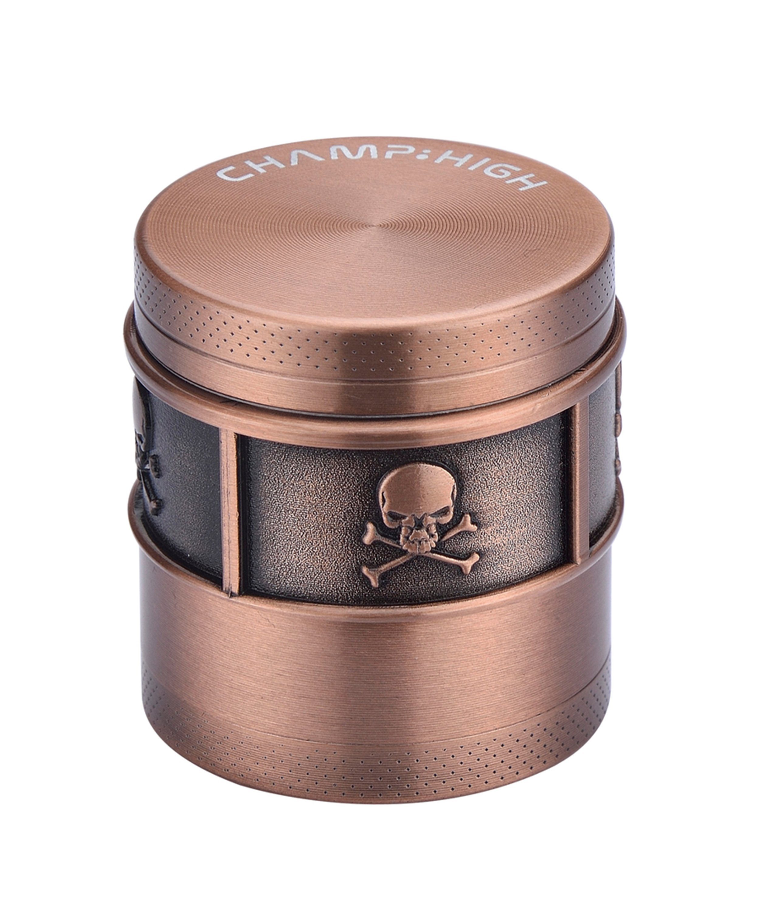 CHAMP HIGH Kräutermühle GRINDER "Totenkopf" 40mm 4-teilig Metall Crusher Sieb 030 (Bronze), Skull Tabak Gewürz Kräuter Mühle Herb