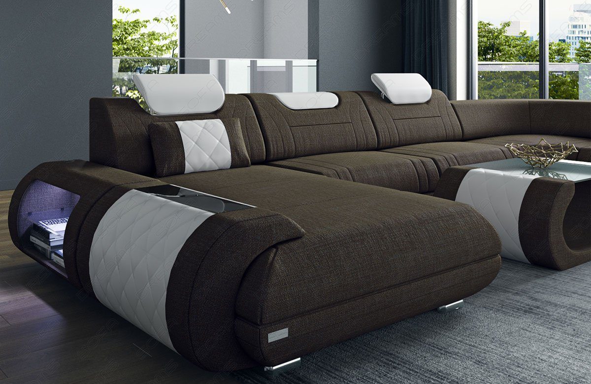 wahlweise U H Sofa Polster Wohnlandschaft Sofa Strukturstoff Form Bettfunktion Stoffsofa, Stoff mit Couch Rimini Dreams braun-weiß