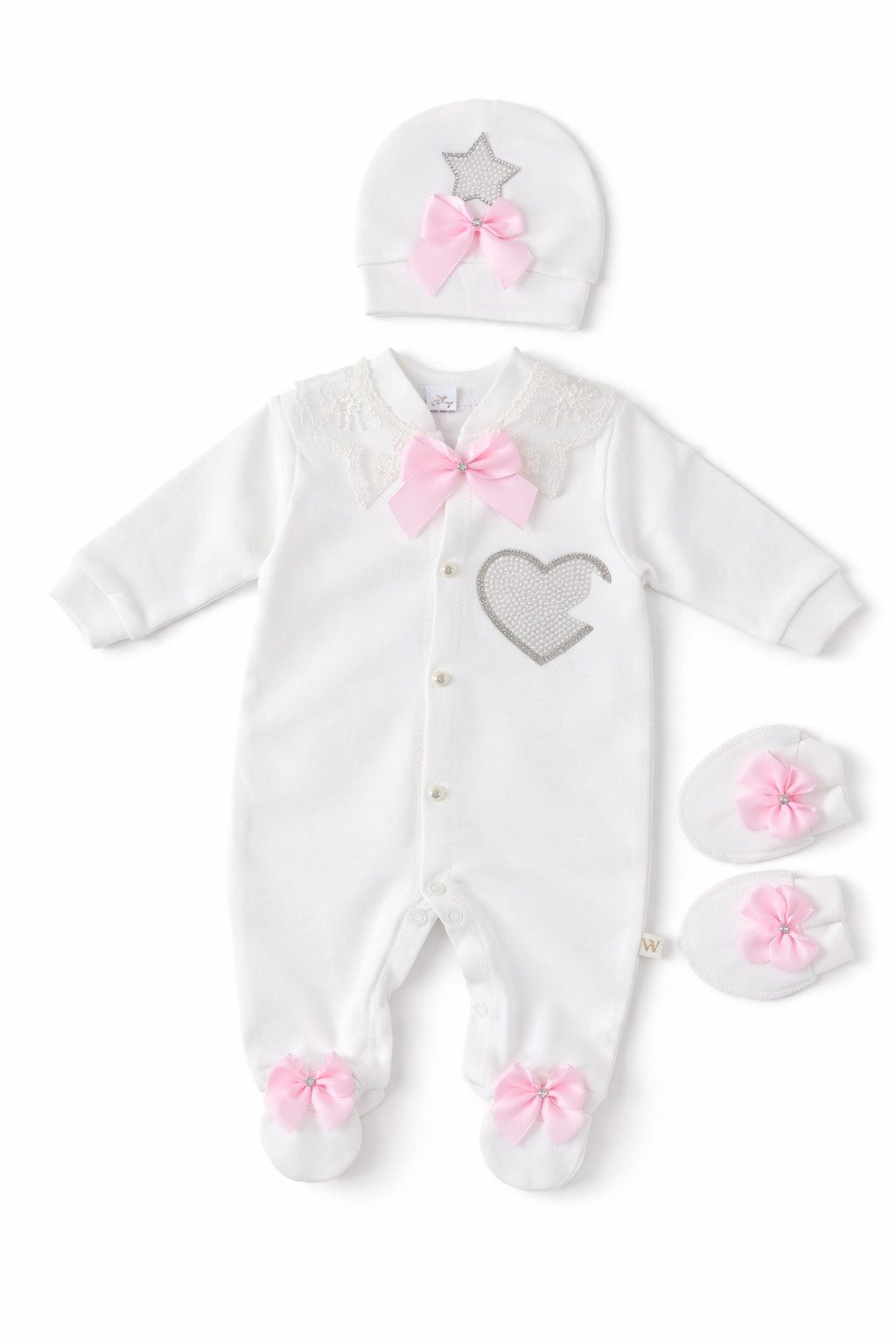 Lorey Medtec Neugeborenen-Geschenkset Mädchen Set Strampler mit Fuß, Mütze, Fäustlinge, Weiß, 100% Baumwolle (Strampler + Mütze + Fäustlinge)
