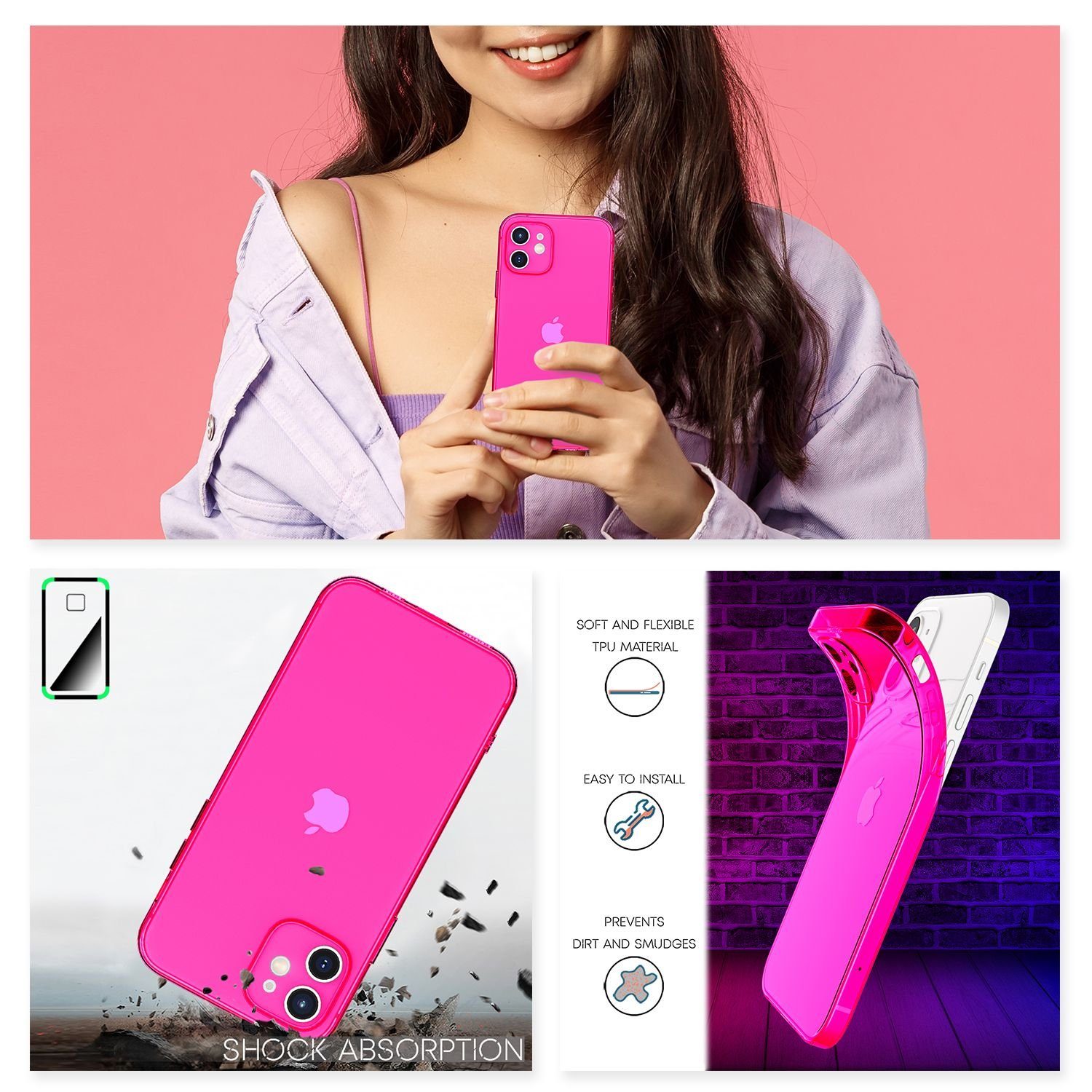 Nalia Smartphone-Hülle Apple iPhone 12 15,5 cm (6,1 Zoll), Klare Neon Silikon Hülle / Bunt Leuchtend / Durchsichtig / Flexibel