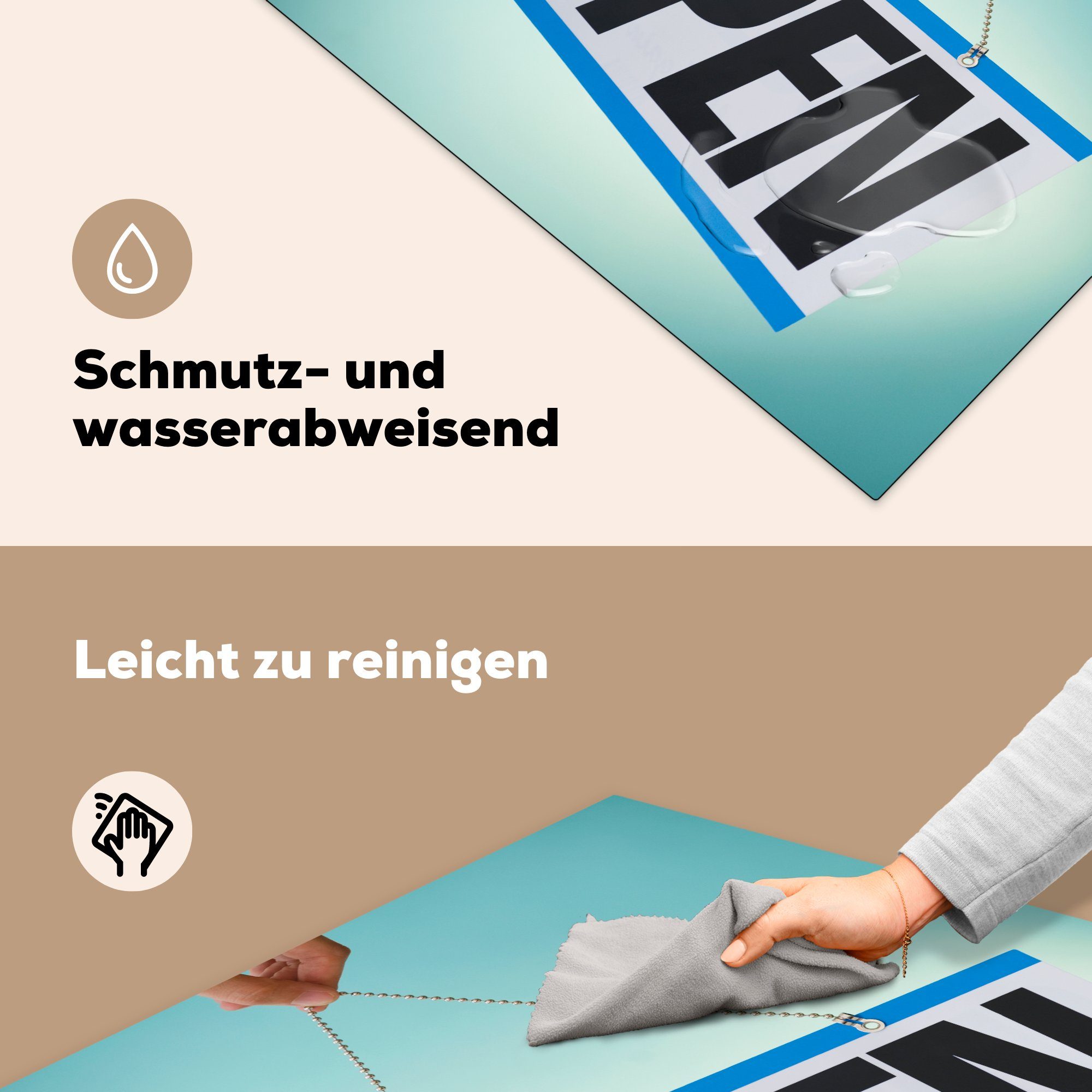 Herdblende-/Abdeckplatte MuchoWow die Aufschrift Schild Vinyl, "Open" ein mit Hand, der für küche Eine 78x78 tlg), hochhält, (1 Ceranfeldabdeckung, Arbeitsplatte cm,