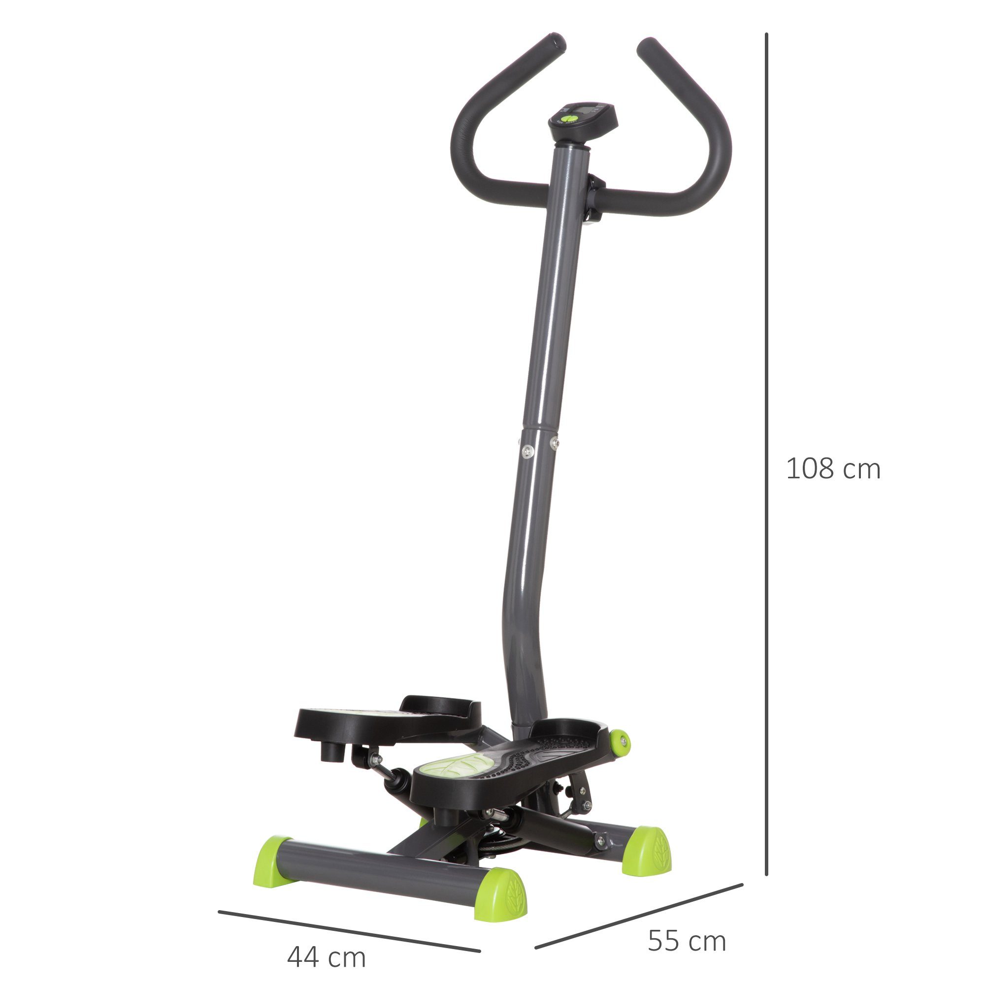 HOMCOM Stepper Fitness Swing Stepper mit LCD-Schirm und Handgriff (Hometrainer, 1-tlg., Sportgeräte), für Zuhause bis 100 kg Stahl ABS Grau+Grün 55 x 44 x 108 cm
