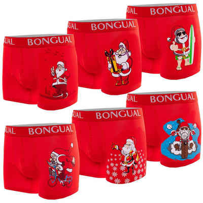 Bongual Boxershorts Santa Claus Motiv Retroshorts Weihnachtsunterhose Geschenkidee (6er-Pack) mit Logo-Elastikbund