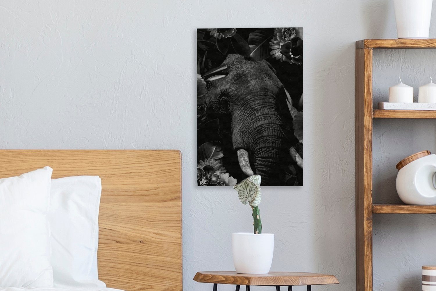 (1 - vor Zackenaufhänger, Hintergrund fertig Gemälde, schwarzem OneMillionCanvasses® Leinwandbild und cm bespannt inkl. 20x30 schwarz Botanischer weiß, Leinwandbild St), Elefant