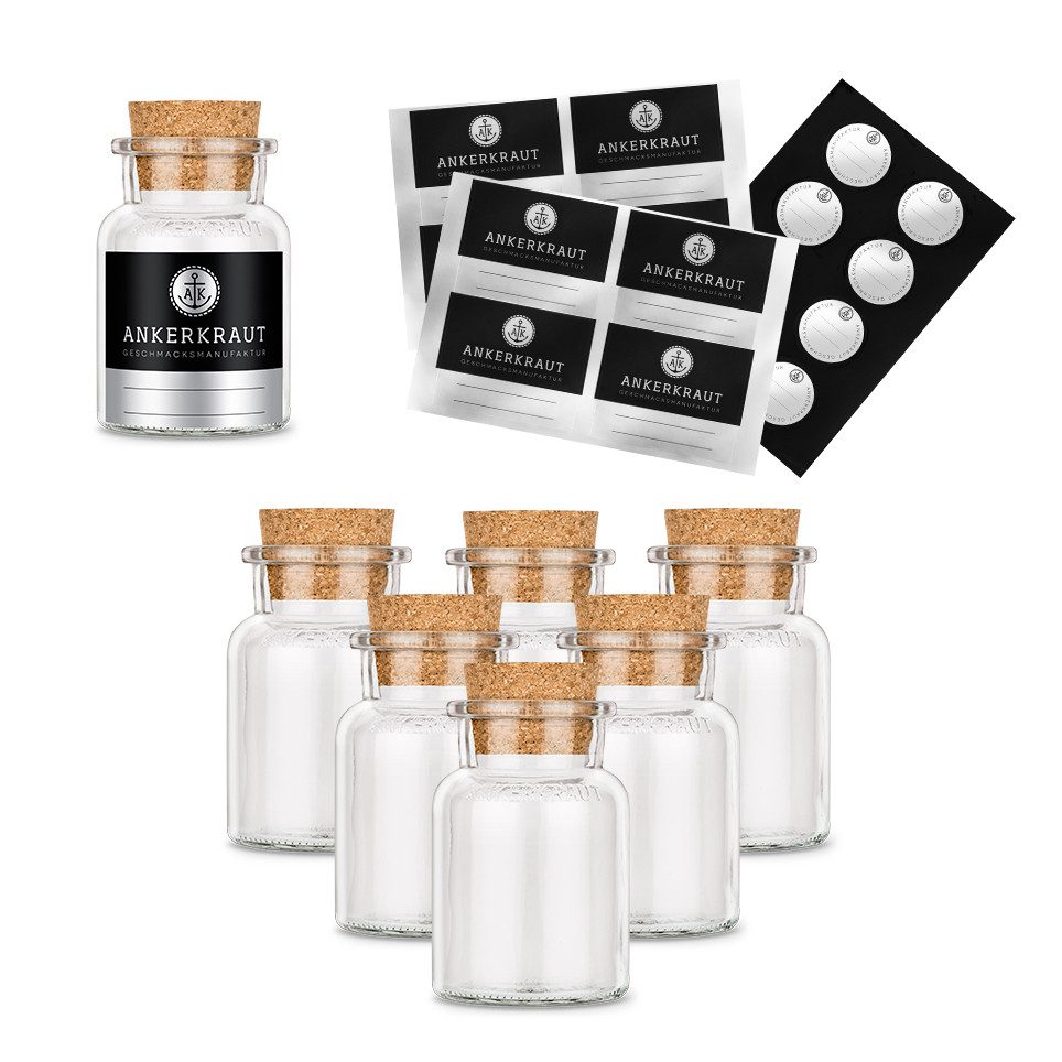 Ankerkraut Gewürzbehälter Leeres Korkenglas, klein mit Etiketten und Deckelsiegel 6 Stück, Glas, (6-tlg), mit Etiketten + Korken