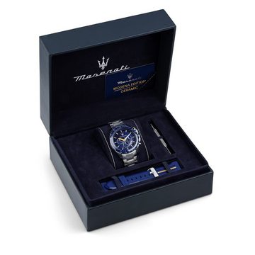 MASERATI Chronograph Maserati Herren Armbanduhr, Herrenuhr rund, groß (ca. 45mm) PUarmband, Made-In Italy