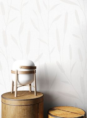 Newroom Vliestapete, Weiß Tapete Floral Glänzend - Glanztapete Schilfrohr Perlmut Grafisch Modern Schilf Pflanze für Wohnzimmer Schlafzimmer Küche