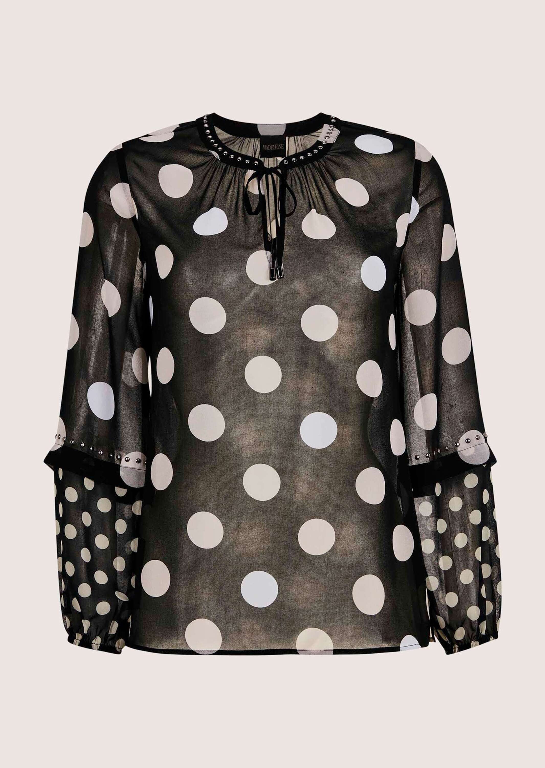 MADELEINE Langarmbluse Elegante Bluse mit Pünktchen-Druck Zart transparent mit Rundhals, Bindeband und langen Ärmeln