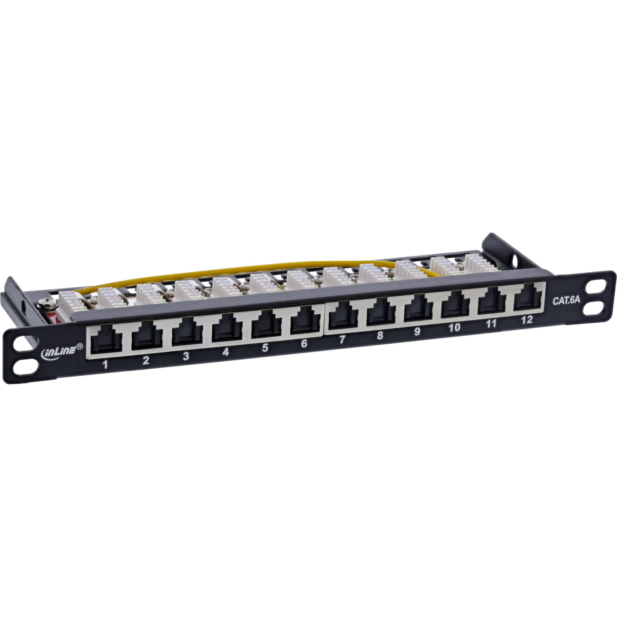 Inline Patchfeld Cat.6A 0,5HE 12-fach, schwarz, mit Staubschutz Netzwerk-Patch-Panel