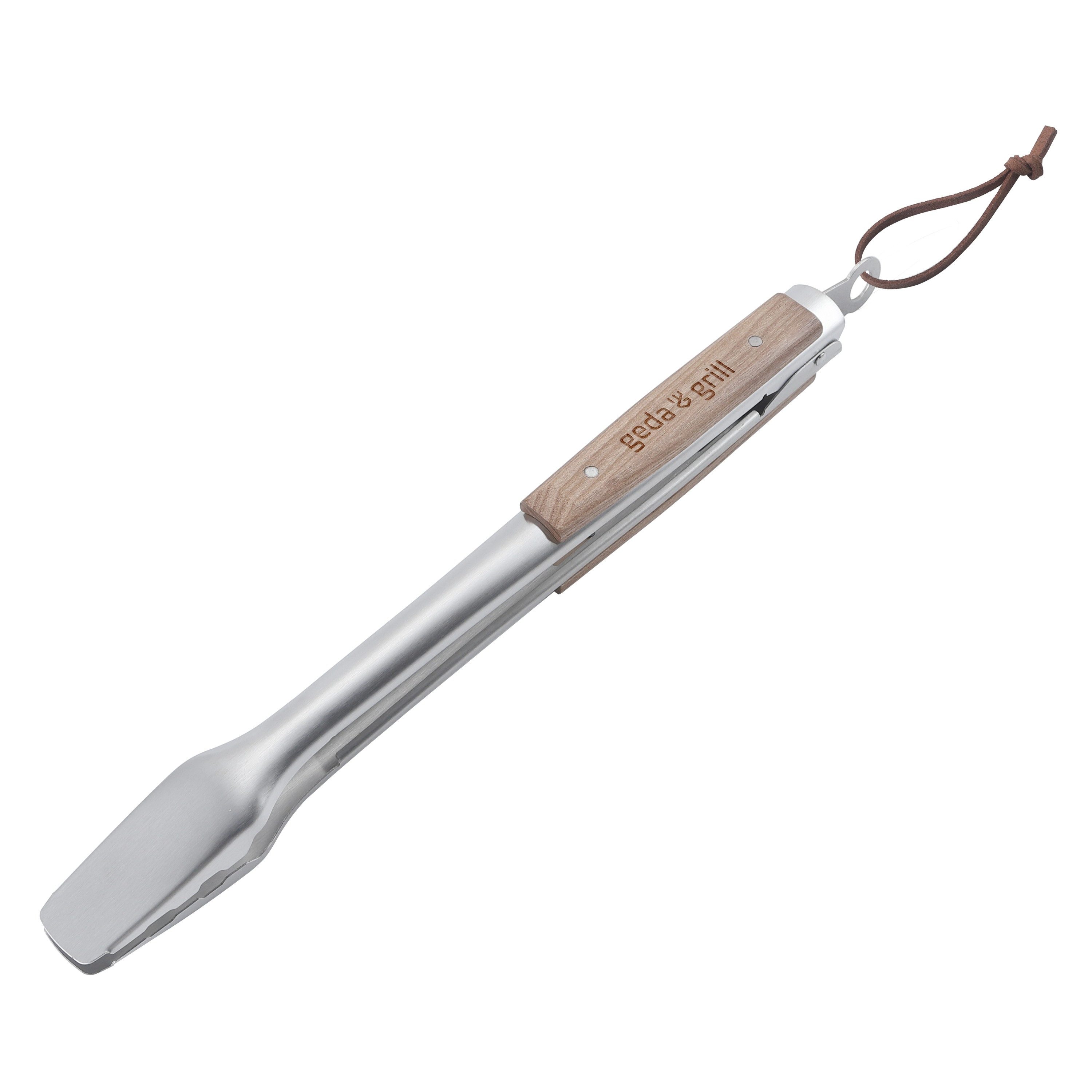 Grillzange 45cm, Edelstahl mit Holzgriff, Verschlusssystem, Aufhänge-Ösen