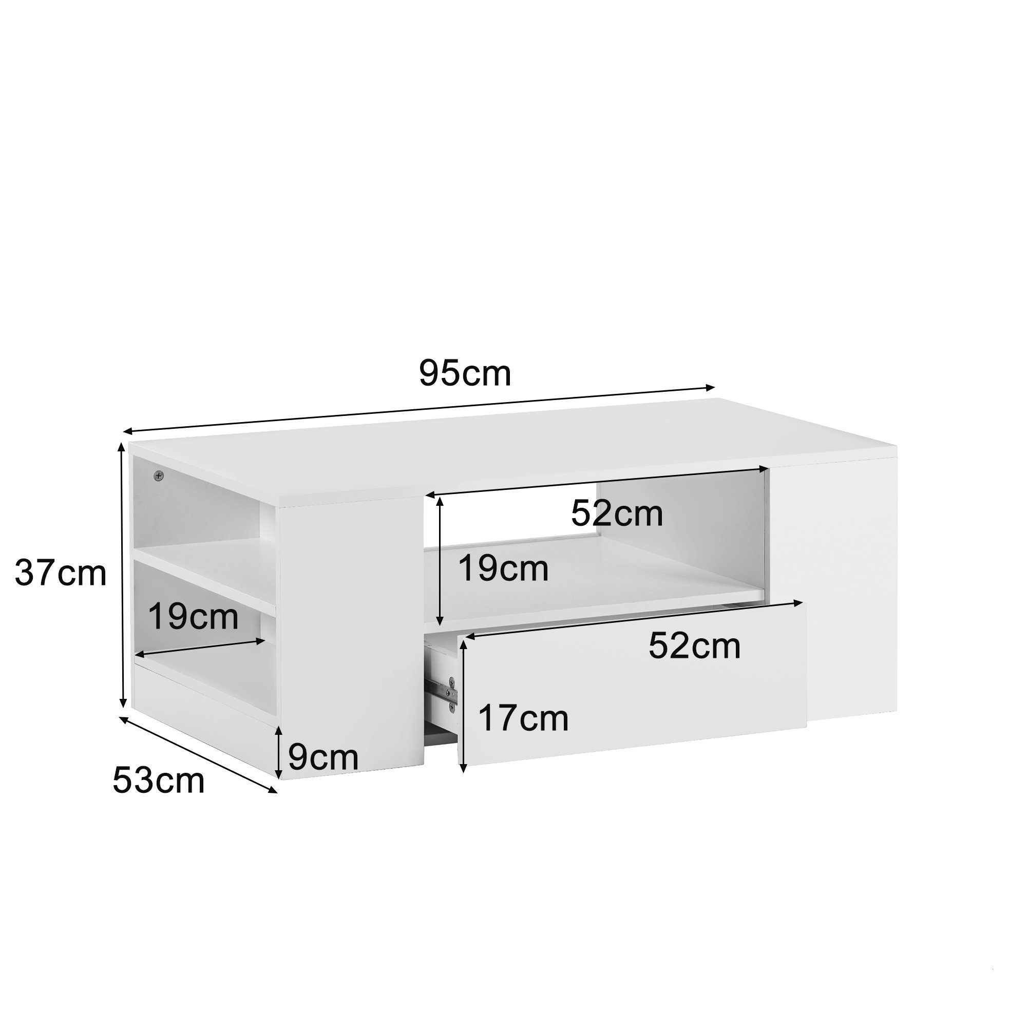 Regalsofa Weiß Couchtisch 2 2 37cm mit Zeitgenössisches Schubladen x 53 hochglanz Flachverpackung OKWISH Sofatisch Couchtisch Beistelltisch), (95 und x LED-Beleuchtung Design