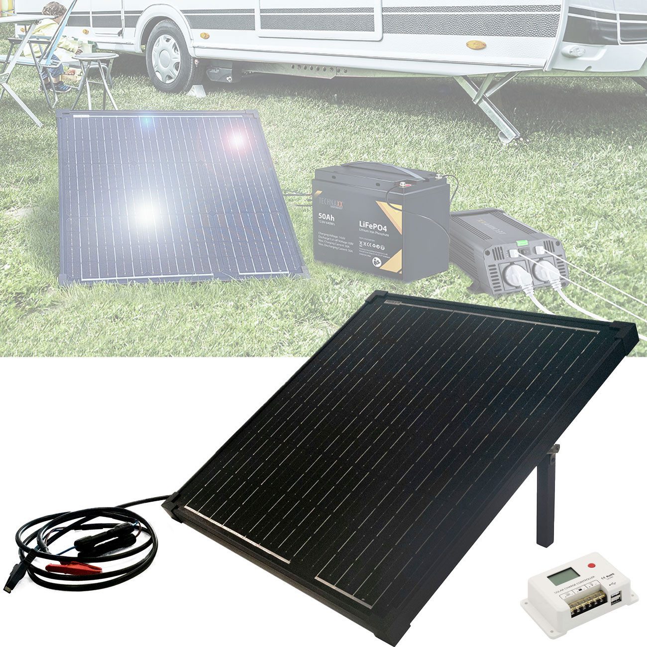 Technaxx Solarmodul 50W Solarpanel-Set, 10A PWM Laderegler, Monokristallin, USB, Camping, 50 W, Monokristallines 50W Solarset mit 10A PWM-Laderegler & USB-Ausgängen