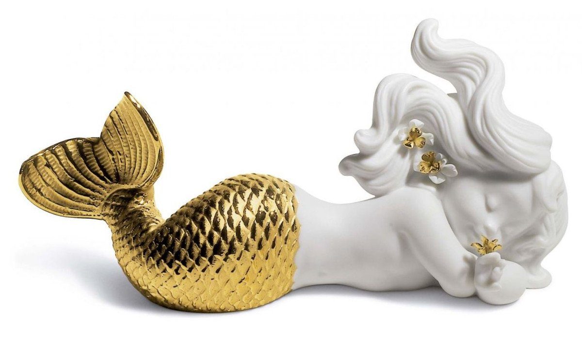 Casa Padrino Dekofigur Casa Padrino Luxus Porzellan Figur Meerjungfrau Weiß / Gold 16 x H. 8 cm - Luxus Wohnzimmer Dekoration